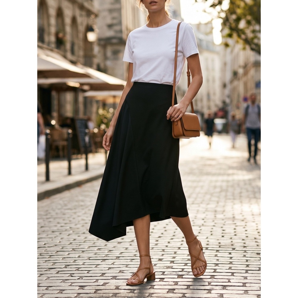 Vince Asymmetric Seam Midi Skirt Black Italian Crepe NWT Size 2 $365